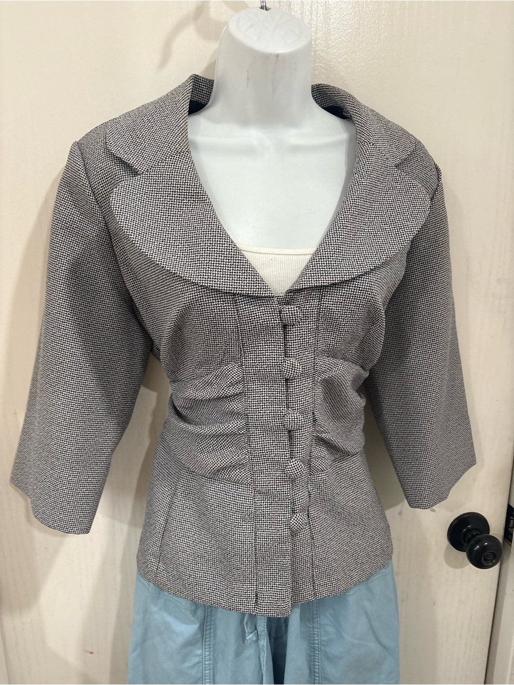 Gray Textured stripes vintage work/office retro chic Button-Front Women's Jacket